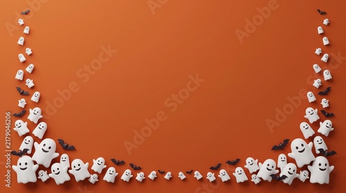 Halloween border frame with cute ghosts and bats on an orange background