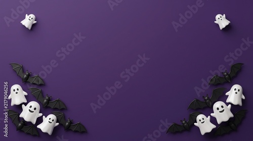 Halloween frame with cute ghosts and black bats on a purple background for holiday design