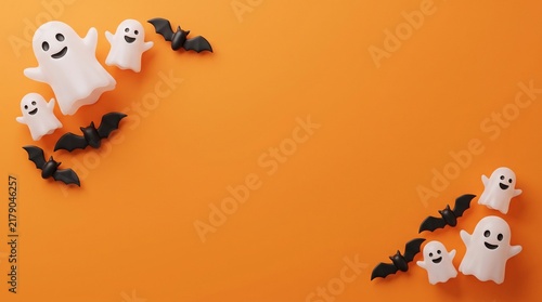 Halloween border with cute ghosts and black bats on orange background