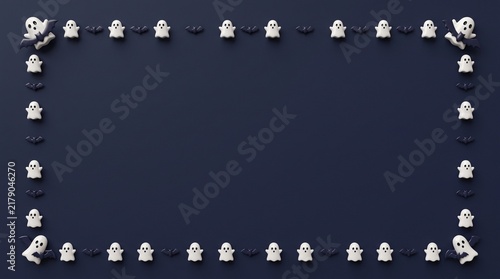 Halloween frame with cute ghosts and bats on dark background for seasonal greeting cards