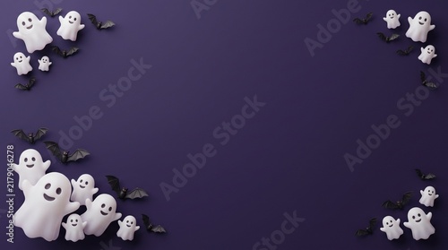 Halloween frame with cute ghosts and bats on a dark purple background