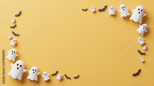 Halloween border frame with cute ghosts and bats on a yellow background
