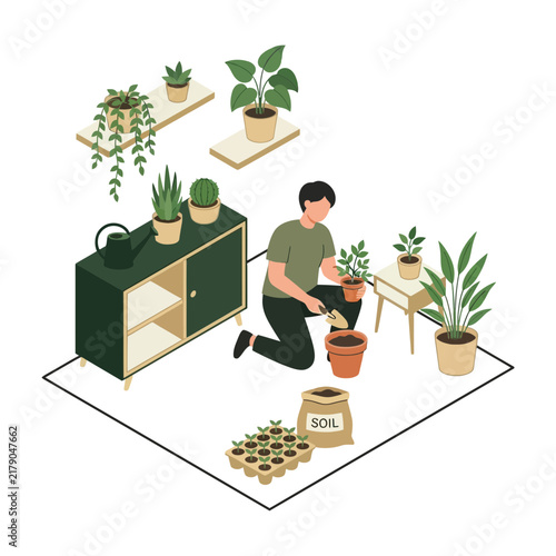Young Man Repotting Houseplants in a Cozy Indoor Room