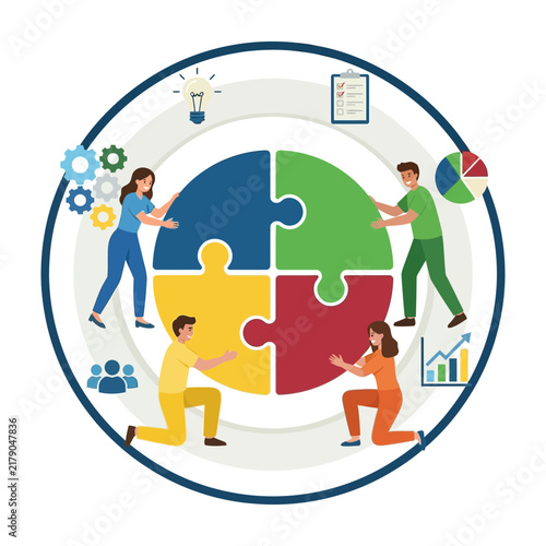 Teamwork collaboration puzzle pieces four people working together