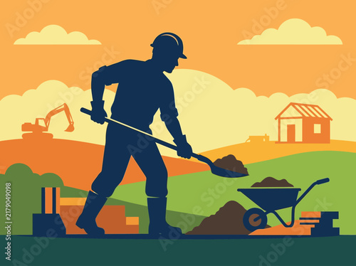 Construction Worker Digging Soil With Shovel Next To Wheelbarrow Outdoors