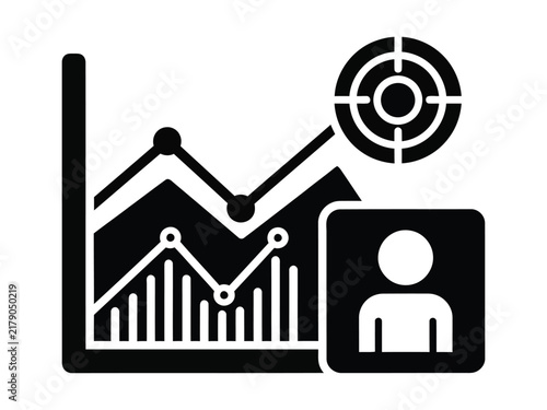 Business data analytics icon, financial growth chart with target and user profile, marketing strategy vector