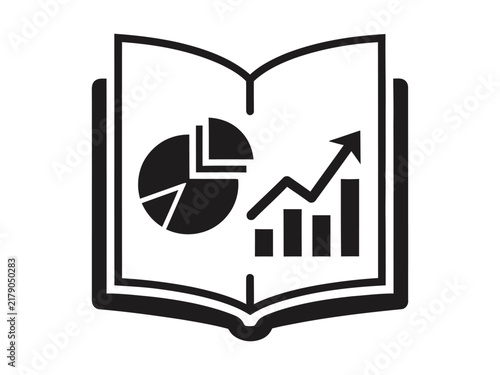 Minimalist business report icon, open book with financial charts and growth graph, black vector sign