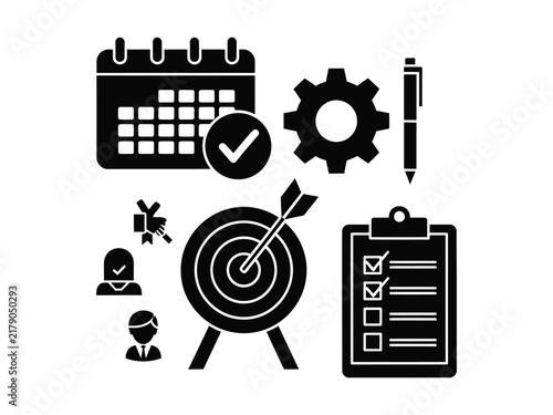 Business productivity icons set, project management symbols, black flat vector icons for planning and strategy