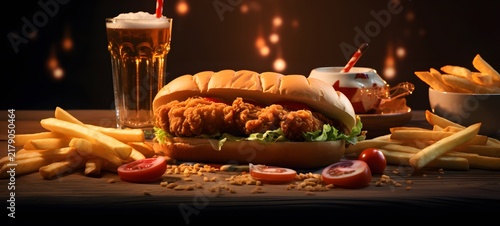 crispy chicken in a round roll, served with fries and Coke zero,generative AI