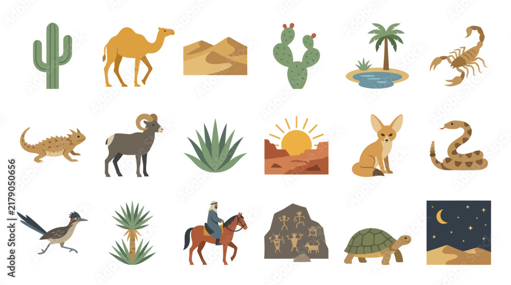 Obraz premium Desert Nature and Wildlife Flat Vector Illustration Set. Icons of Animals, Plants, and Landscapes.