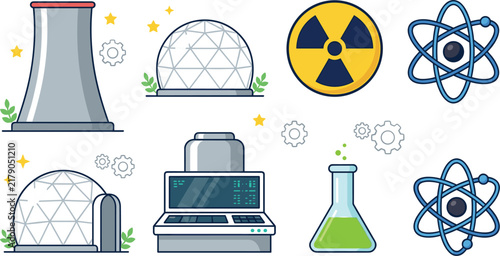 Nuclear Power Plant Energy Generation and Atomic Science Lab Engineering Vector Icon Set