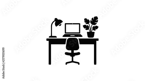 Vector illustration of office desk with laptop, lamp, and plant icon on a transparent background