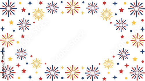 Vibrant festive frame with colorful fireworks and stars creating an oval copy space for celebratory messages and announcements.