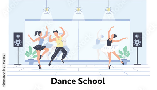 Professional dancers practicing graceful ballet and contemporary moves inside a dance studio with large mirrors and speakers.
