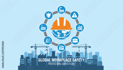Global workplace safety poster featuring an orange hard hat on a globe surrounded by industrial safety icons and city cranes.