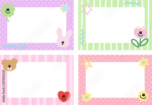 Vector illustrations of cute frame set with flowers, teddy bear, bunny, heart, polka dot and stripe pattern for background, backdrop, wallpaper, rectangle ad template, polaroid, banner, social media