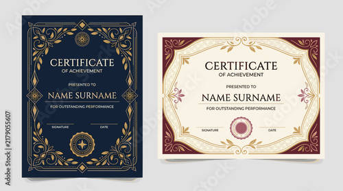 Принти на полотні Elegant vintage achievement certificates with ornate frames and intricate floral