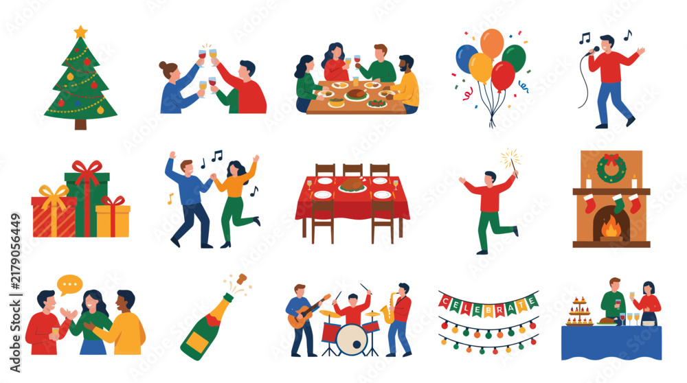 Fototapeta premium Flat Style Holiday Celebration Icons: Christmas Tree, Gifts, Party, Music