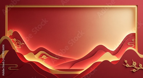 Red and gold paper cut mountains landscape with glowing frame and cherry blossom branches. Chinese new year background with copy space. Traditional asian festive design for greeting card and banner.
