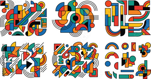 Colorful abstract geometric shape compositions in retro bauhaus style isolated on white