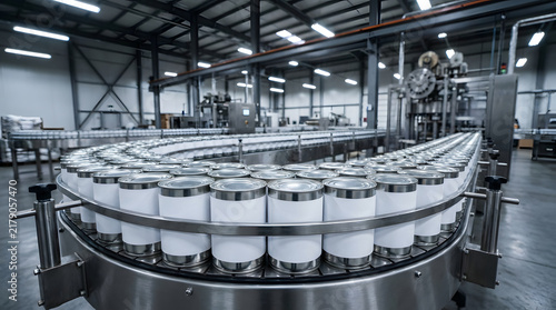 Industrial automated conveyor belt system transporting generic blank tin cans in a modern food processing factory facility, showing manufacturing efficiency and high-tech production lines.