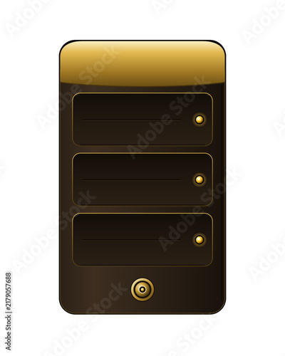 Plakat Luxury gold computer server icon, metallic database storage tower, premium web hosting vector