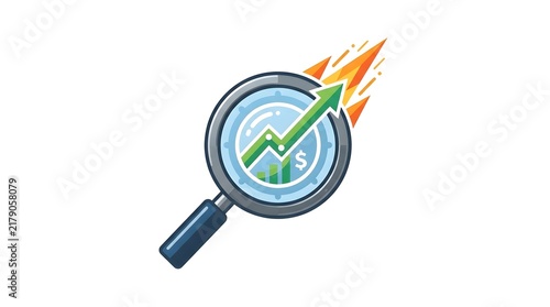 Magnifying Glass with Blazing Dollar Growth Arrow and Bar Chart