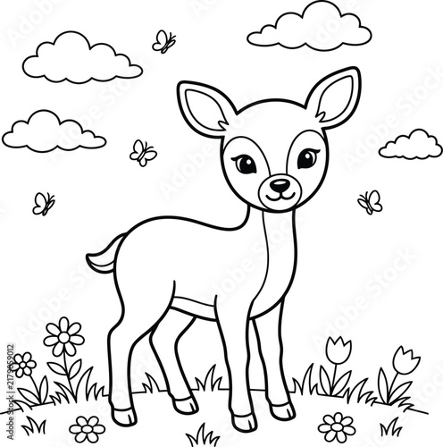 Cute baby deer standing in meadow surrounded by butterflies and flowers for coloring page vector with standing