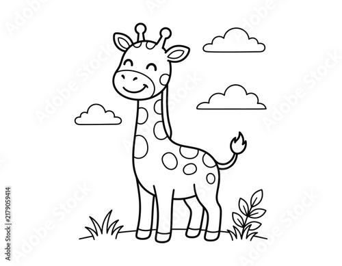 Cute smiling giraffe standing in grass coloring page vector illustration with coloring illustration cheerful activity