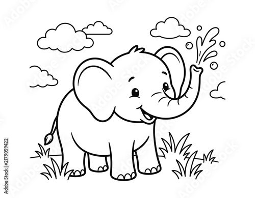 Cute baby elephant spraying water from trunk coloring page vector illustration with elephant spraying coloring