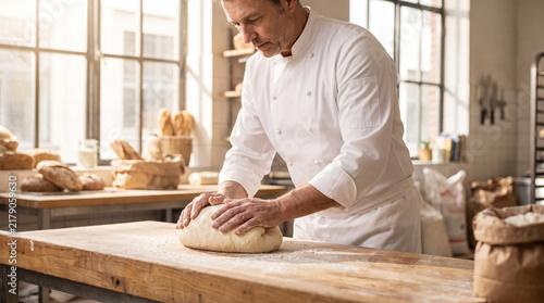 Professional male baker kneading fresh bread dough on floury wooden table in bright bakery kitchen