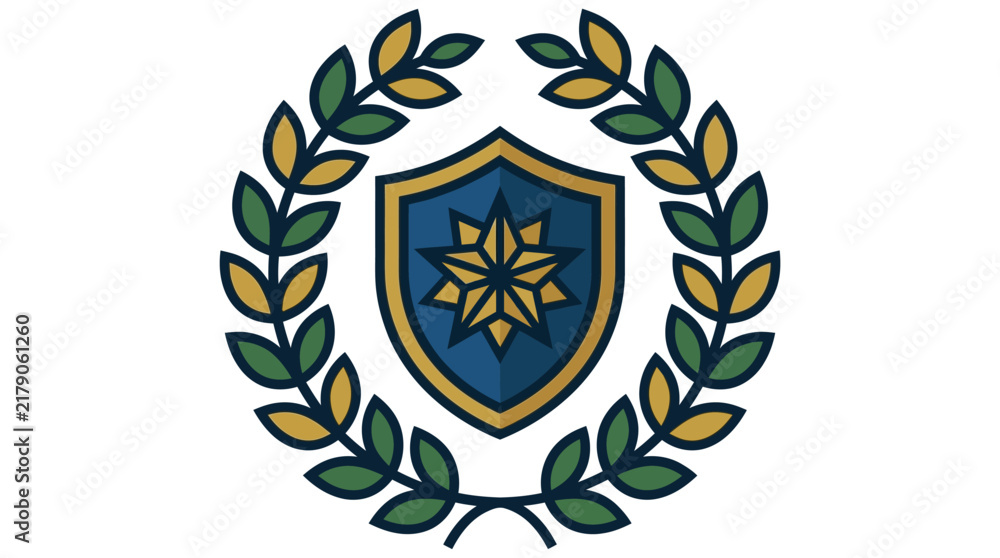 Fototapeta premium Five star excellence achievement logo featuring a heraldic shield with laurel wreath border symbol of protection and success