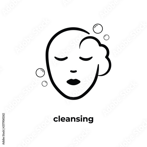 Line art face with bubbles depicts a cleansing routine
