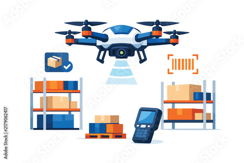Drone delivery and warehouse logistics concept with barcode and scanner