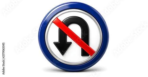 Glossy 3D No U-Turn Traffic Sign with Blue Metallic Border