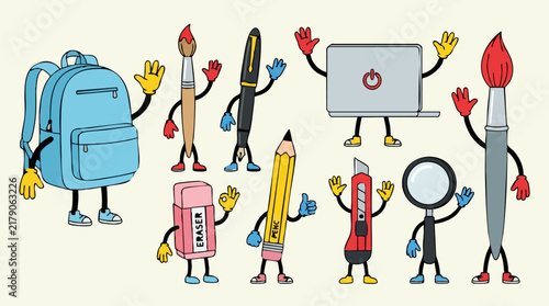 Happy Cartoon School and Office Supplies Characters Illustration