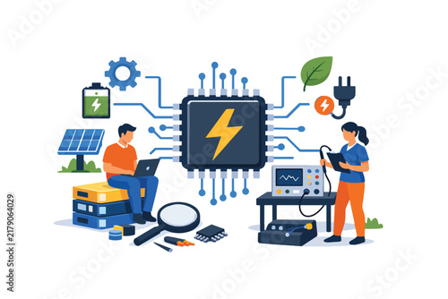 Engineers working on renewable energy technology and electronics