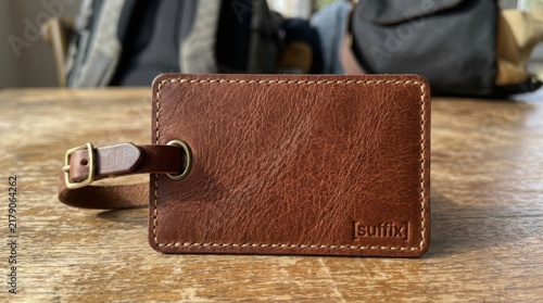 Luggage tag made of genuine brown leather with a brass buckle rests on a rustic wooden table with blurred bags and backpacks visible in the background.