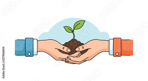Pair of hands in blue and orange business suit sleeves holding a small green plant sprout growing from dark fertile soil.