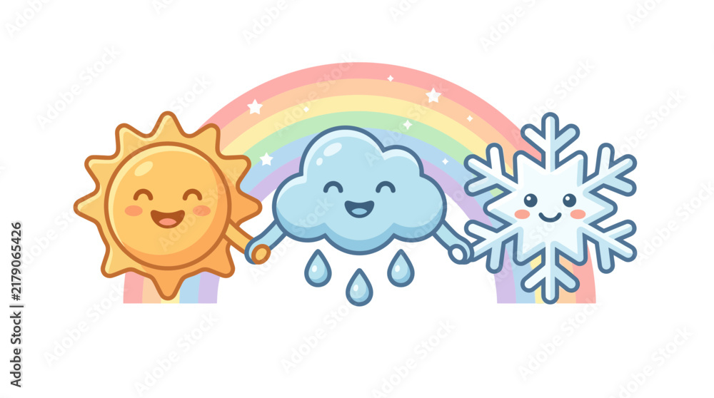 Obraz premium Cute weather characters sun cloud and snowflake holding hands