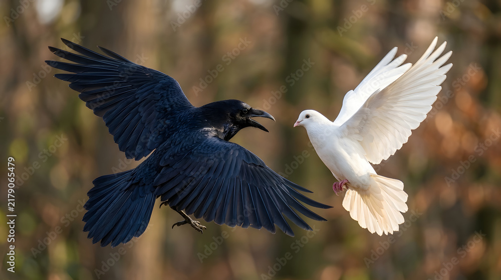 Obraz premium Dramatic mid-air confrontation between a black raven and a white dove in a forest, representing the symbolic contrast of peace and conflict, light and dark, in a natural setting.