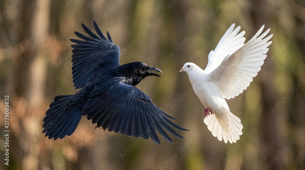 Obraz premium Dramatic mid-air confrontation between a black raven and a white dove in a forest, symbolizing duality and the struggle between light and dark in nature.