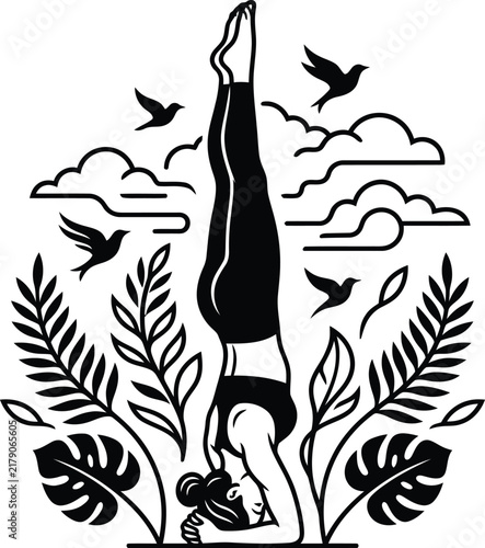 Woman performing yoga handstand pose surrounded by plants and clouds for strength and balance.