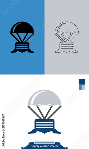 Supply airdrop vector set showing a parachute-borne container for relief teams serving remote communities during emergencies, with a clean, professional mood and clear logistics symbolism.