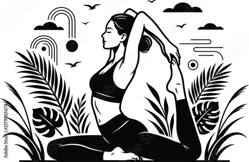 Woman performing yoga king pigeon pose with arched back surrounded by plants for flexibility.