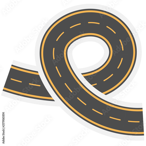 Vector graphic of a dark asphalt road forming a spiral loop shape with orange dashed lane markings. Suitable for roundabout signage, parking design, traffic infographics, and creative map illustration