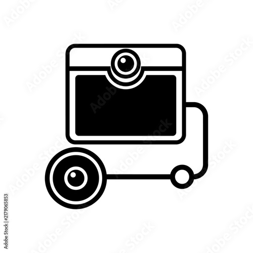 Security camera silhouette displays a lens and rectangular housing against a white background surveillance monitoring