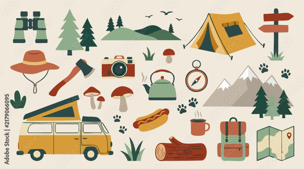 Fototapeta premium Flat Design Camping and Outdoor Adventure Elements Pattern