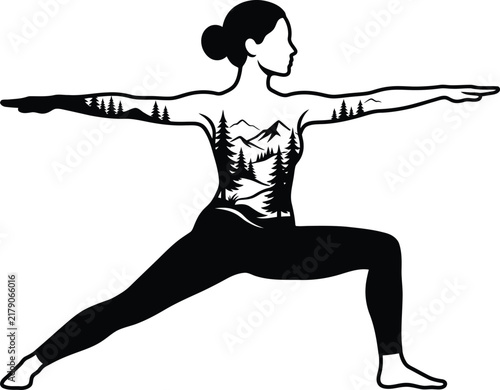 Woman practicing warrior pose with forest and mountain landscape silhouette for healthy lifestyle.