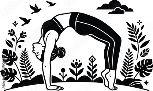 Woman practicing yoga bridge pose silhouette with botanical floral elements and flying birds.